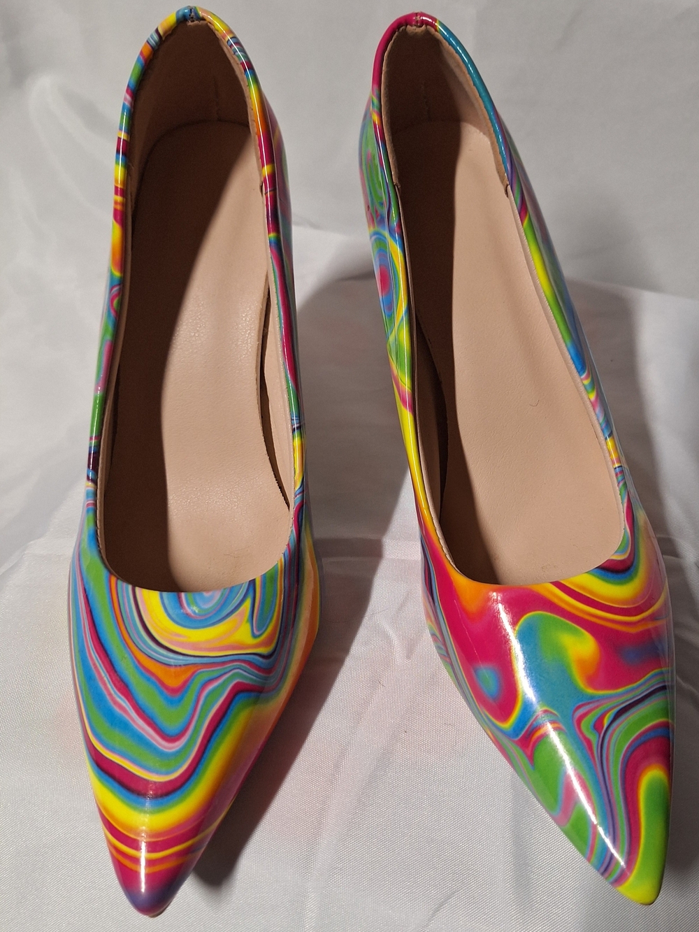 Rainbow swirl stiletto pumps,